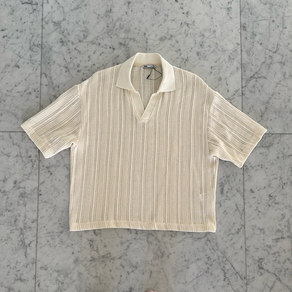 Zara Men’s Striped Textured Polo Shirt - Ecru